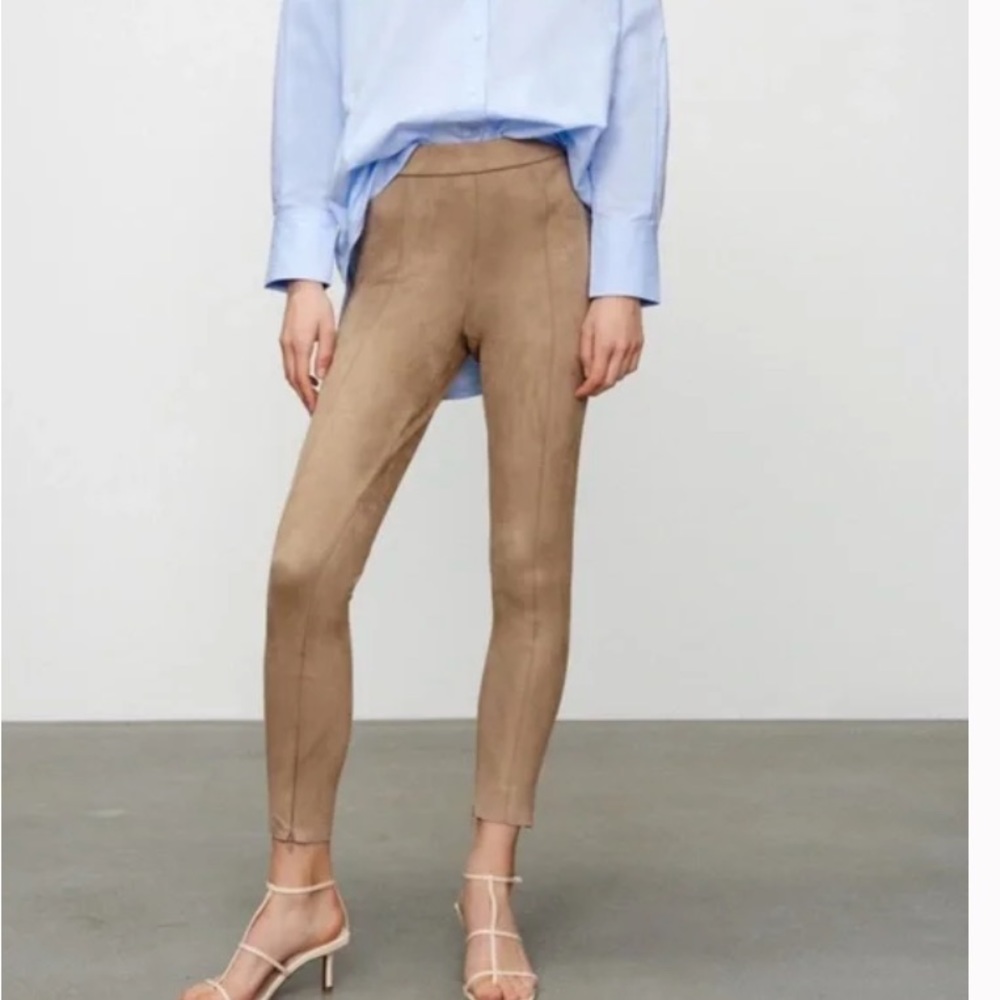 NWOT Zara High Rise Elastic Waist Faux Suede Ankle Zip Leggings Tan